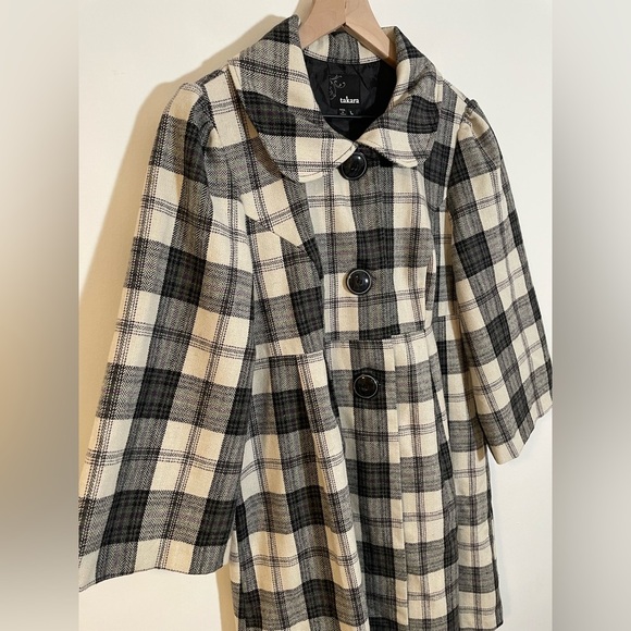 Takara Collared Plaid Long Wool Blend Lightweight Pea Coat 3/4 Sleeve Size Large - Picture 3 of 12